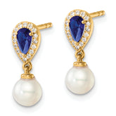 14K Polished Diamond Pearl and Sapphire Dangle Post Earrings